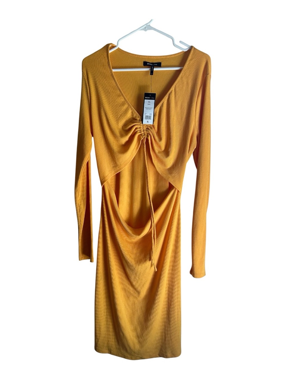 BCBG XXL Golden Mustard Long Sleeve Ruched Cutout Midi Dress